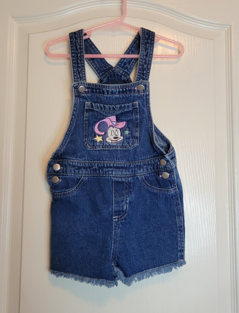 Disney Dark Blue Denim Short Overalls with Pink Minnie Patch 4T